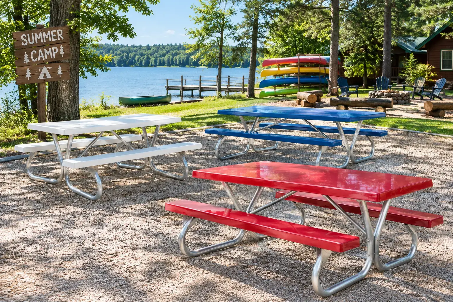 Red, white, and blue fiberglass top picnic tables with metal frames at a lakeside summer camp near canoes and outdoor recreation areas.